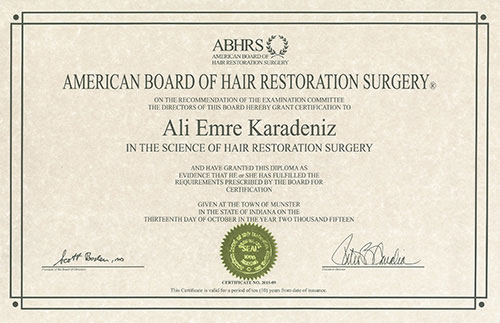 Ukázka certifikátu ABHRS. Zdroj: aekhairclinic.com