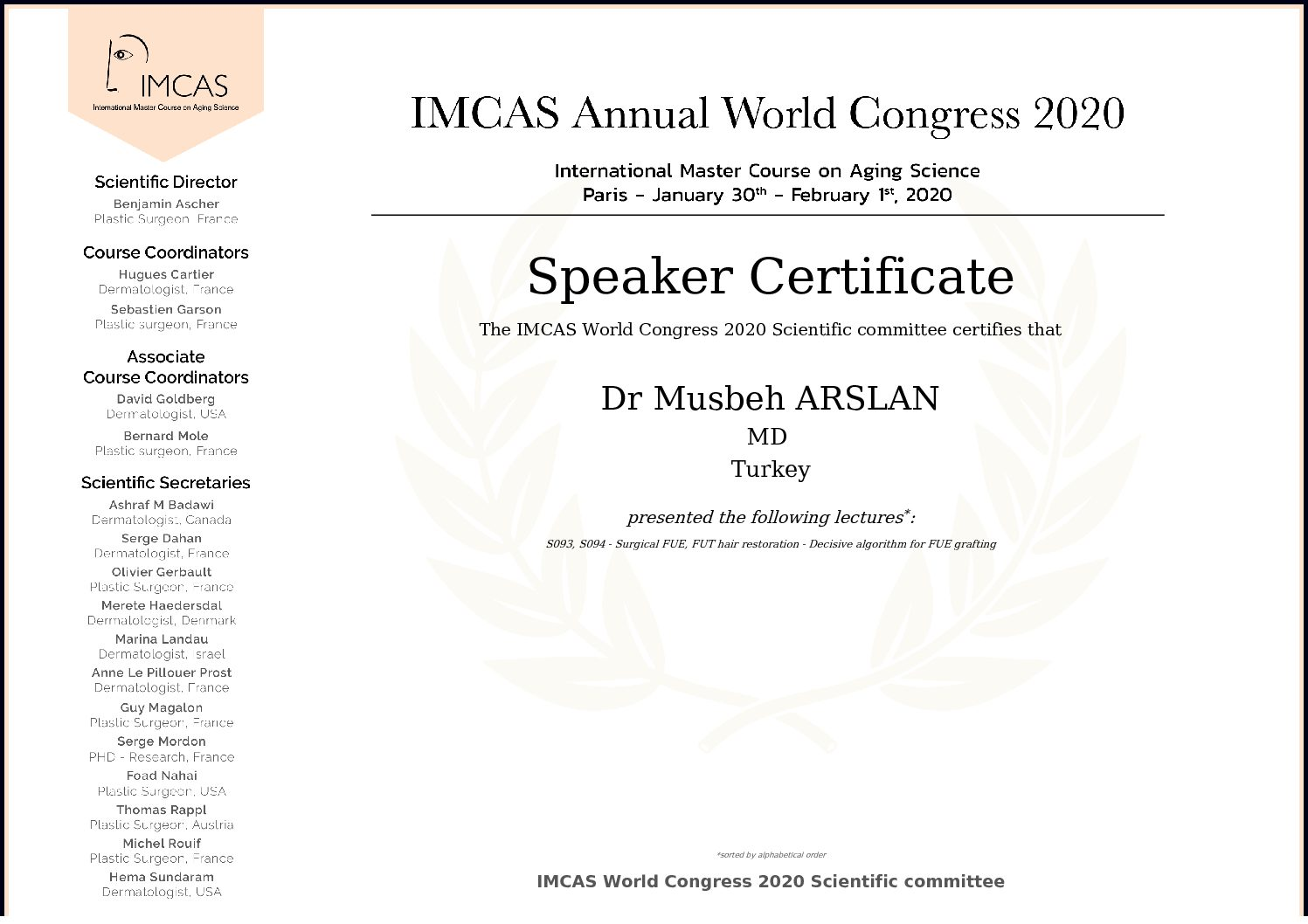 Ukázka certifikátu o vystoupení na kongresu IMCAS. Zdroj: hairmedico.com