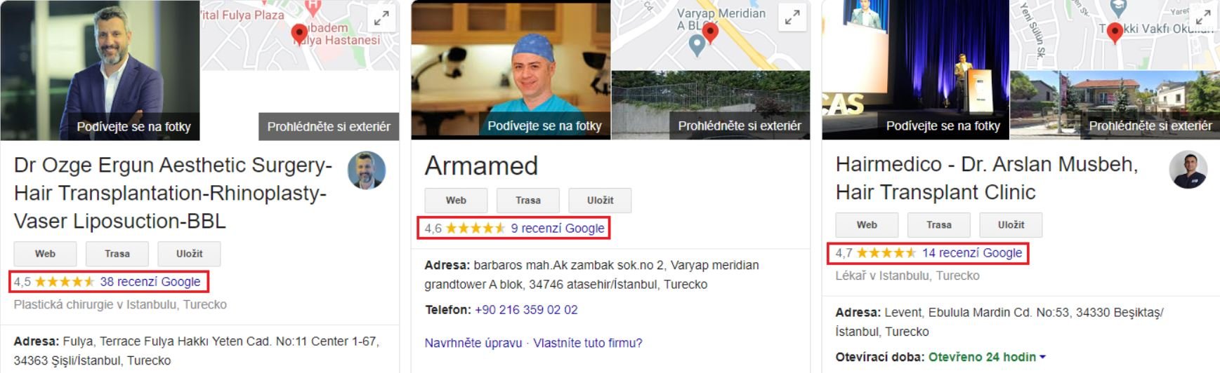 9 recenzí oproti 2 117 hodnocením – profily předních istanbulských klinik. Zdroj: google.com